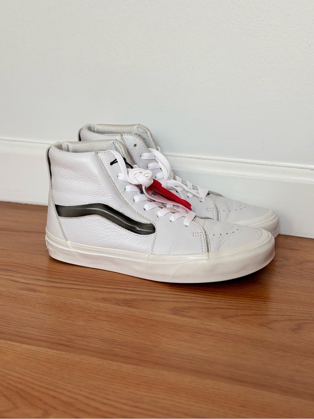 Vans High-Top Leather Skate Sneakers - White with Grey Stripe